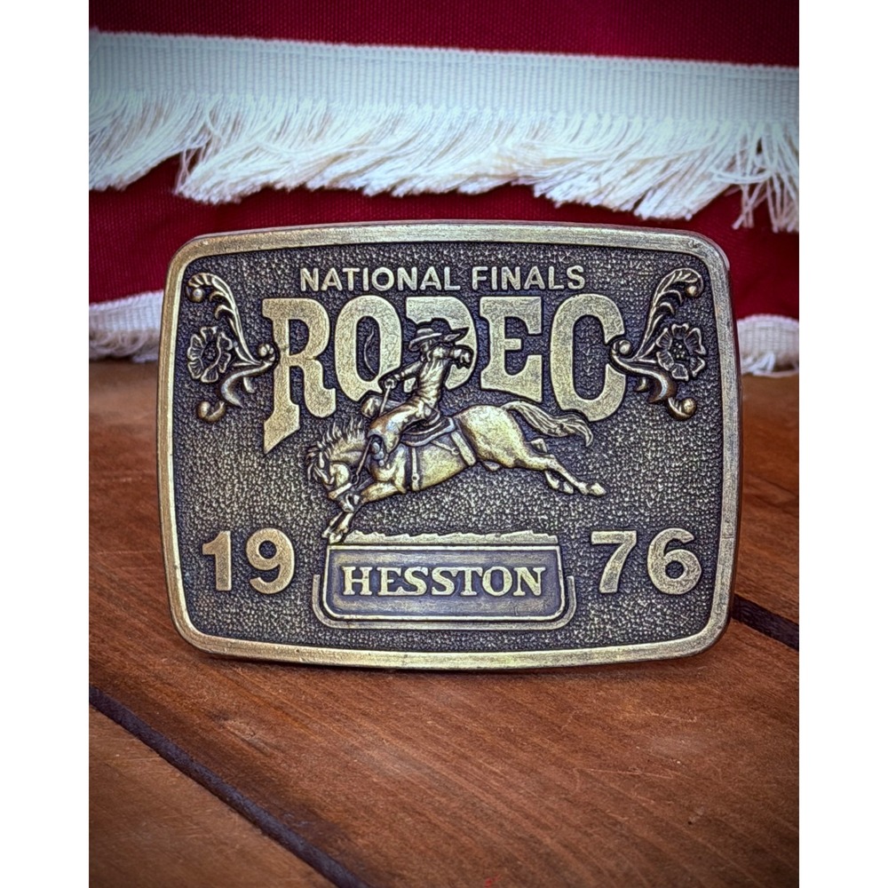 Vintage 1976 Hesston National Finals Rodeo Bicentennial Belt Buckle Brass Tone